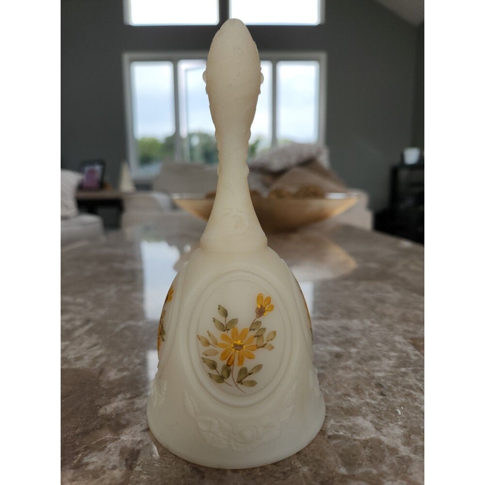 Fenton Satin Custard Glass Bell, Signed By Artist, 6 1/2"
